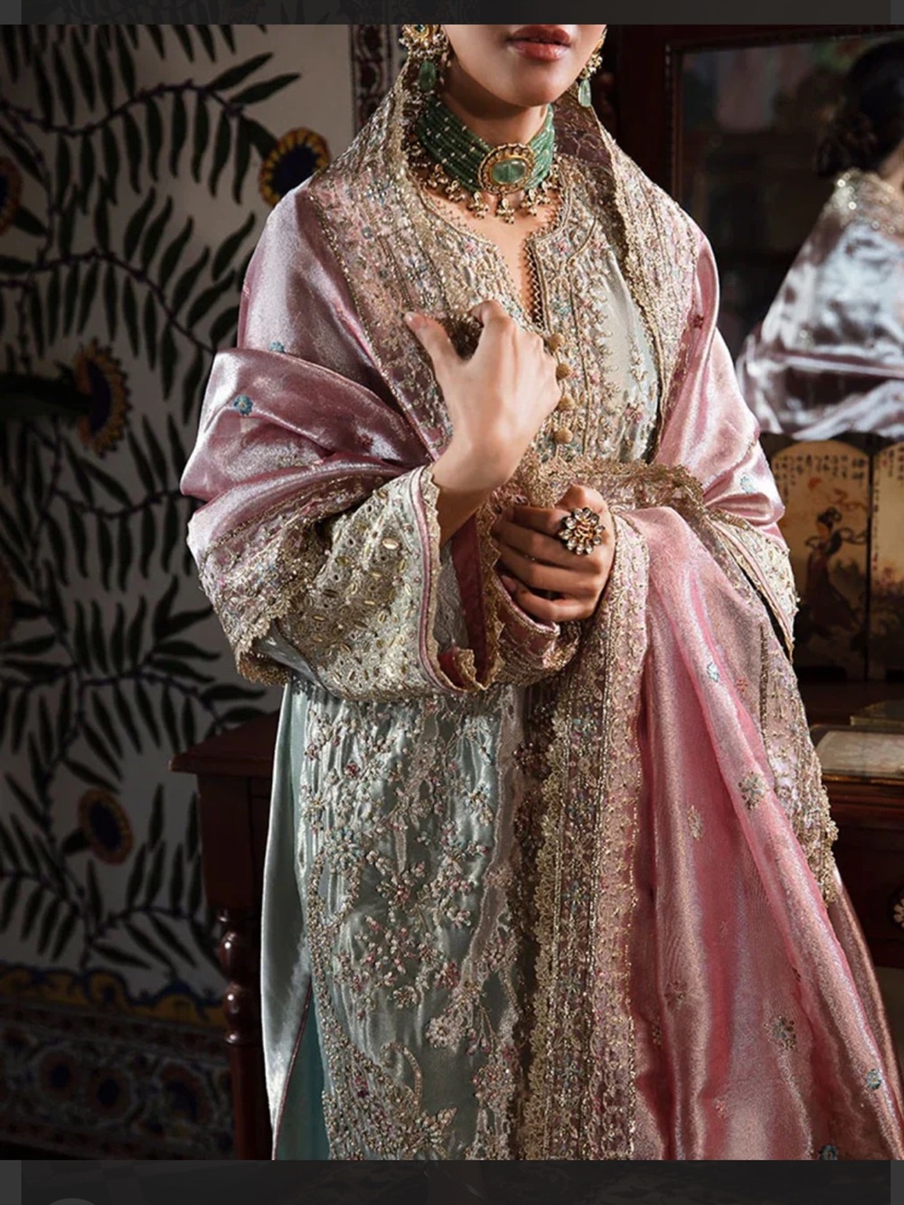 MUSHQ Embellished silk dress in Shimmering Aqua silver&tissue heavy work dupatta - Picture 2 of 16